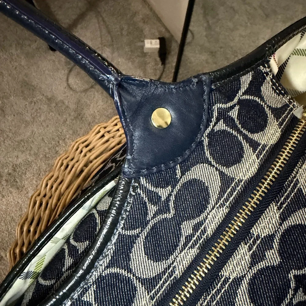 Coach Bleecker Signature Canvas Jacquard Tote Bag Navy Leather Trim Vintage Y2K - Picture 13 of 15